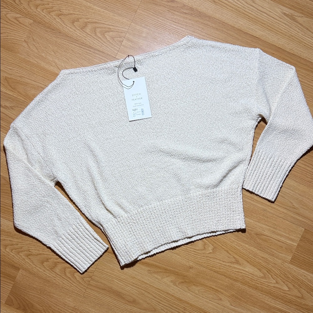 NWT Stitch & Feather Cream Sweater Boatneck Waist Length Size Small - Picture 5 of 6